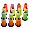 A collection of various colored high tenacity polyester embroidery threads in spools.