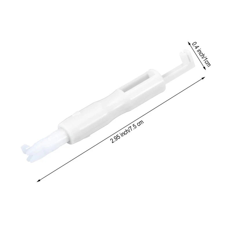 A white 2-in-1 automatic needle threader and inserter tool with a 0.4 inch/1cm tip.