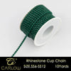 A roll of green rhinestone cup chain with a white core and a dangling thread, labeled as SIZE.SS6-SS12, 10 yards.