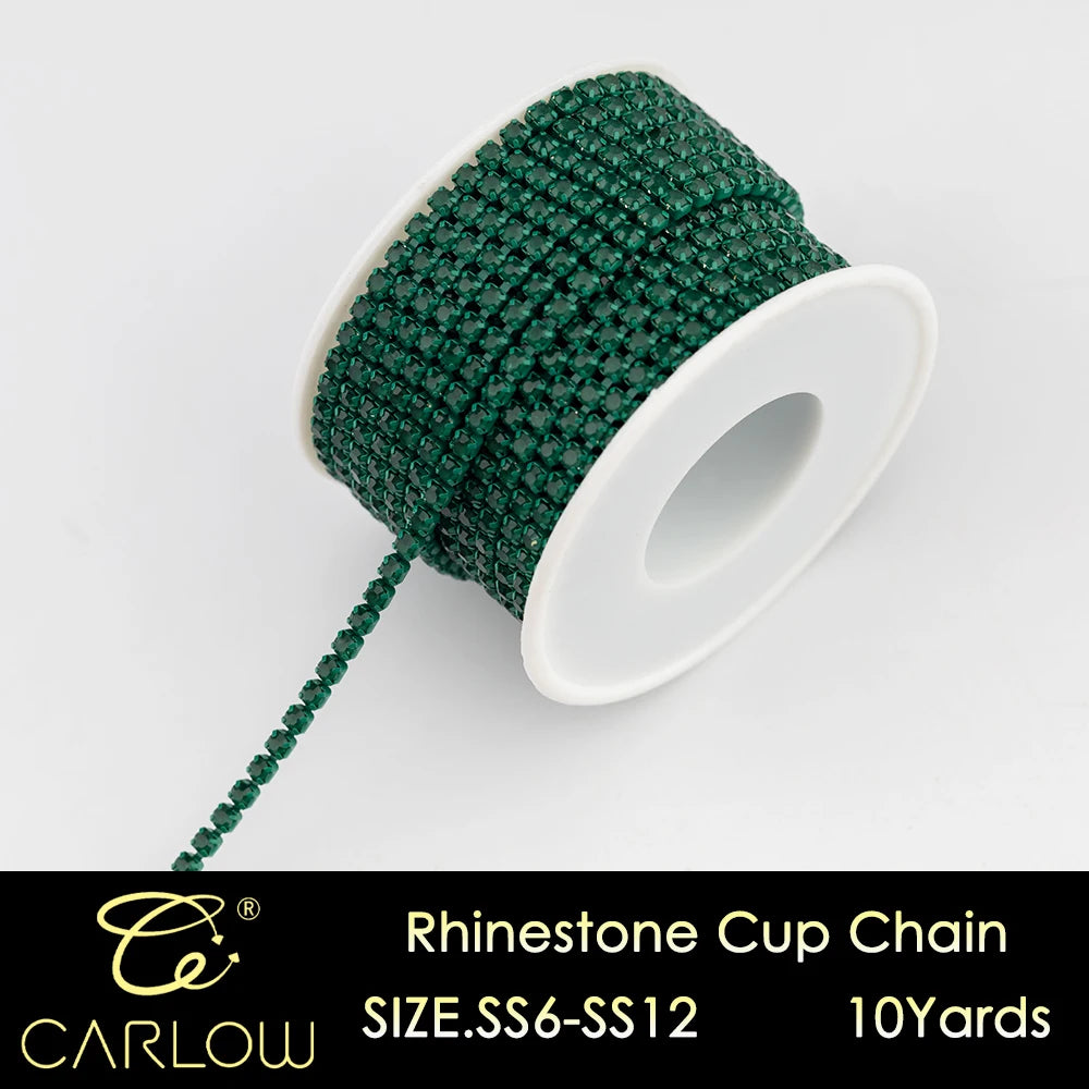 A roll of green rhinestone cup chain with a white core and a dangling thread, labeled as SIZE.SS6-SS12, 10 yards.
