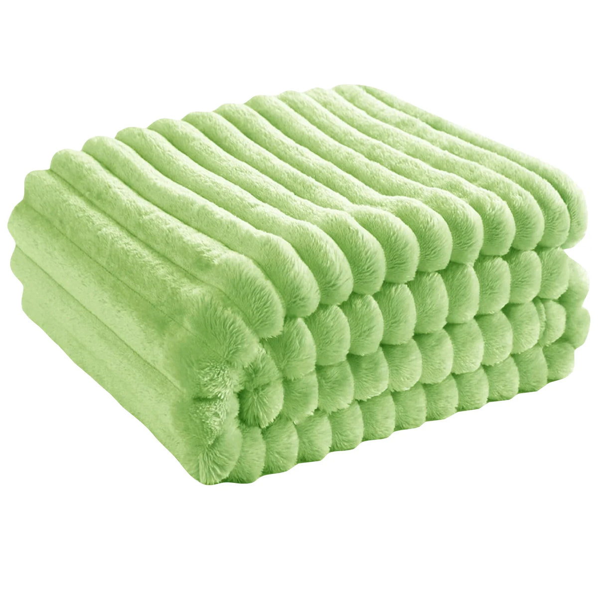 A rectangular light green flannel throw blanket with a textured, ribbed surface.