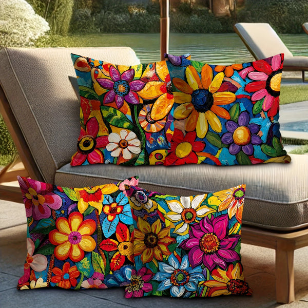 A collection of colorful floral patterned decorative pillow covers displayed on a light-colored outdoor sofa.