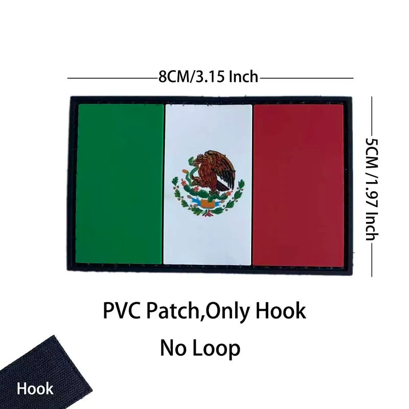 A rectangular PVC patch of the Mexican flag featuring an eagle, with a hook for attachment.