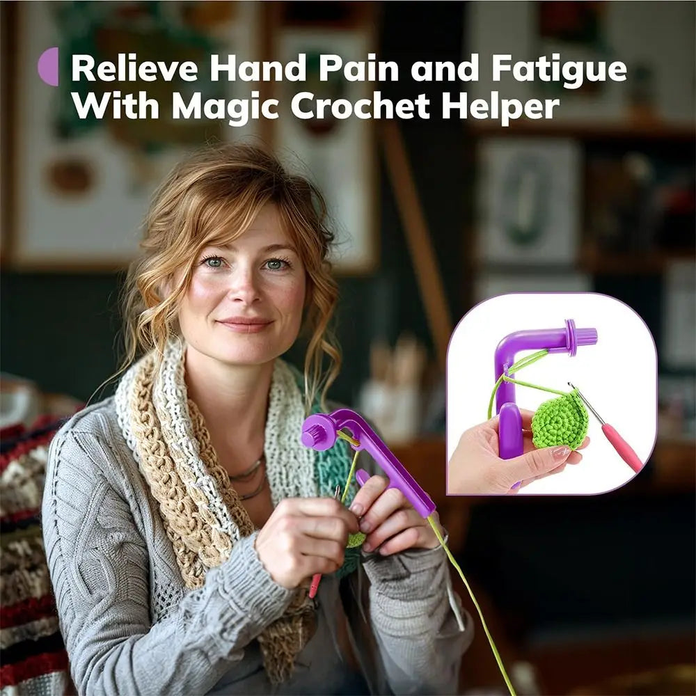 A woman is using a purple crochet tool and green yarn to demonstrate a magic crochet helper product.