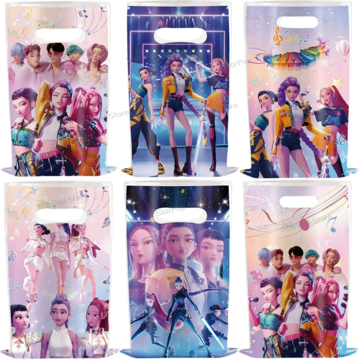 A set of transparent paper gift bags featuring colorful cartoon characters for parties and small treats