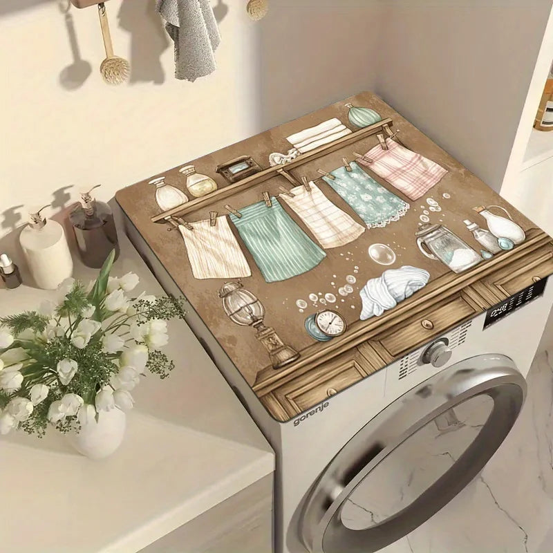 A vintage laundry appliance cover with wooden accents and fabric storage is displayed above a stainless steel sink.