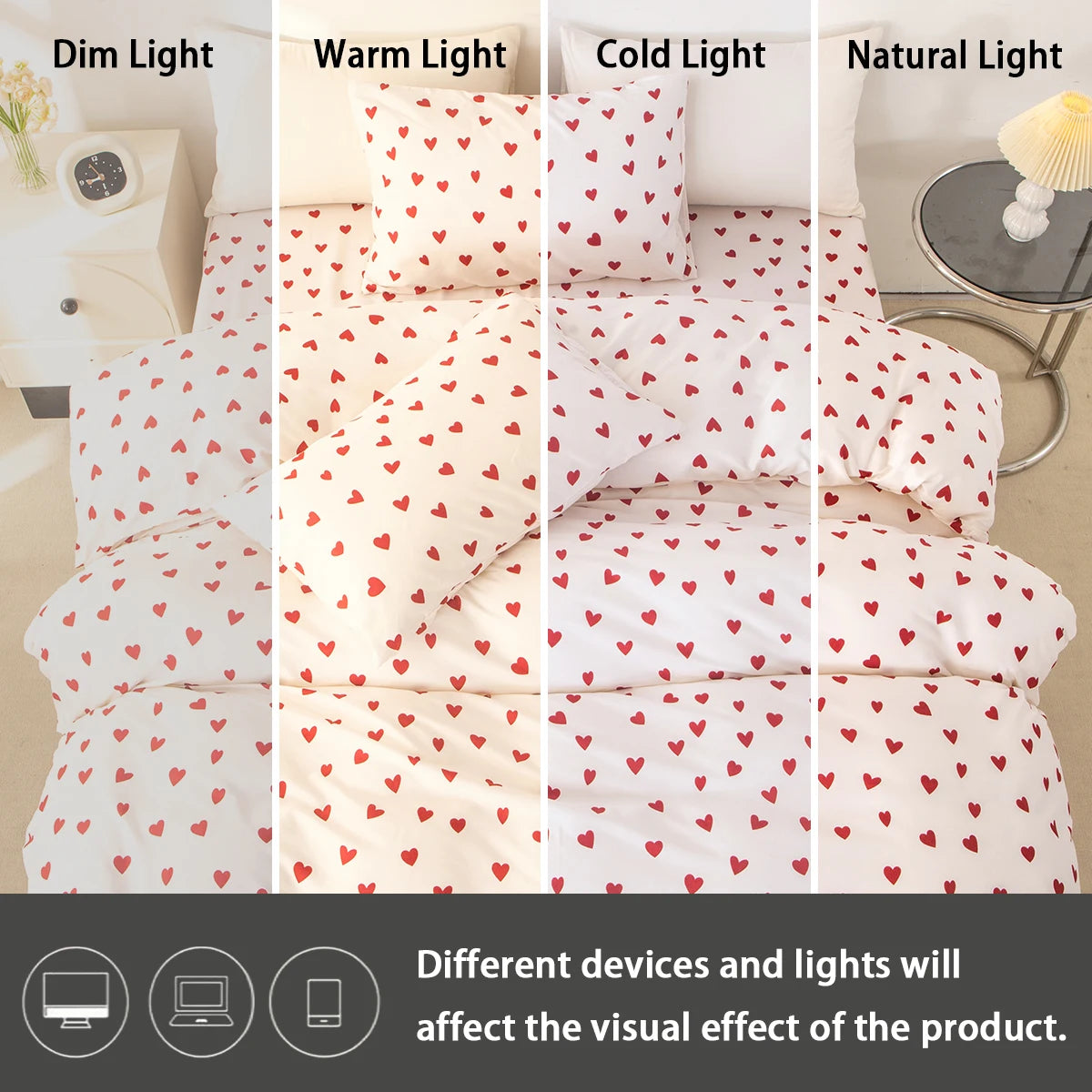 A set of three heart print duvet covers and pillow cases shown in various light settings.