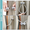 Close-up images showing decorative curtain tiebacks with magnetic rope used to secure fabric.