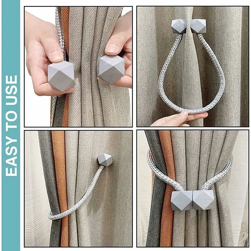 Close-up images showing decorative curtain tiebacks with magnetic rope used to secure fabric.