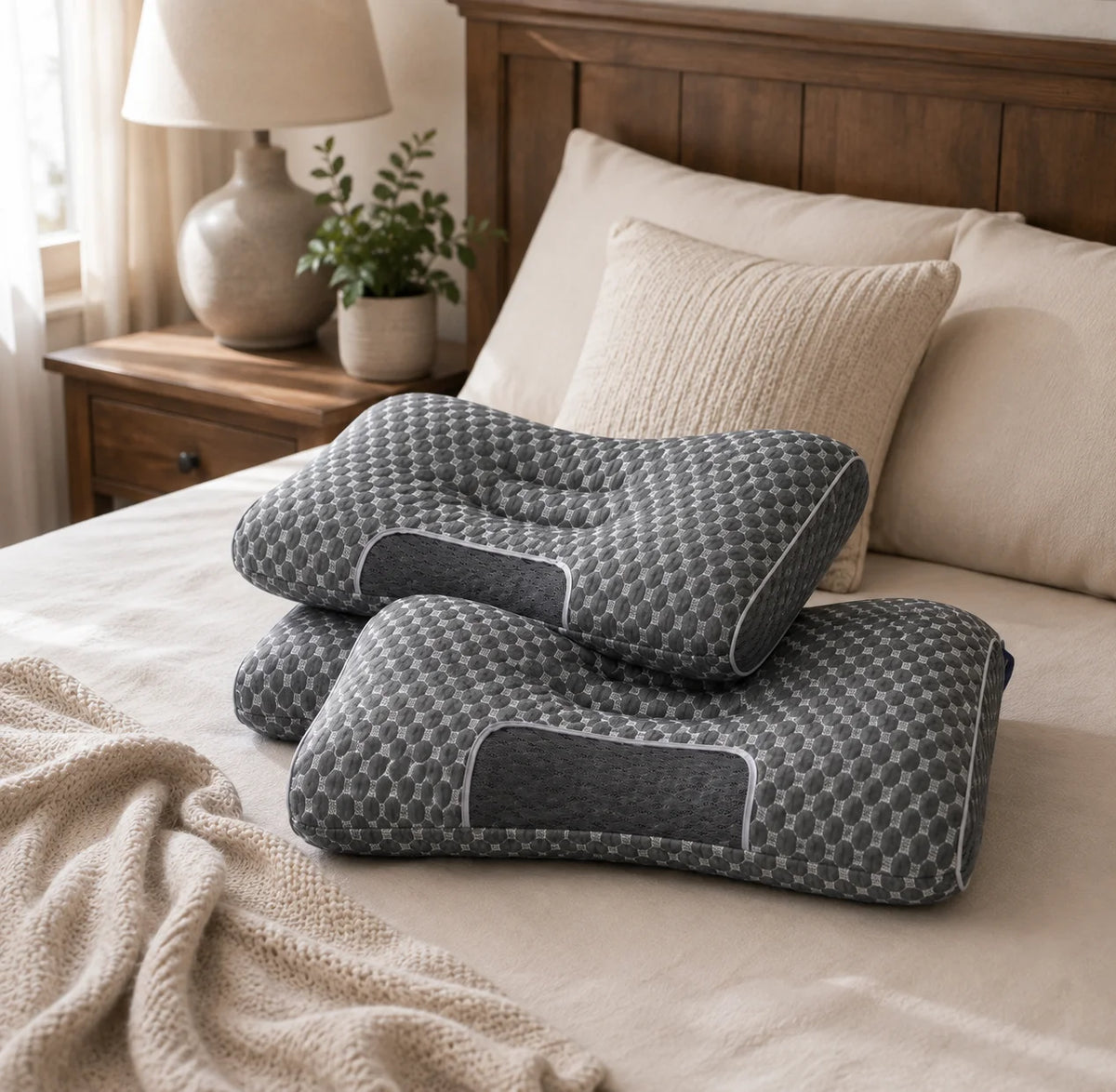 A gray ergonomic contour pillow is placed on a bed with a beige blanket and pillows.