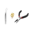 A set of bulk jewelry making findings including a silver-colored tool and gold-colored lobster clasps.