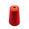 A roll of bright red polyester sewing thread with a yellow core.
