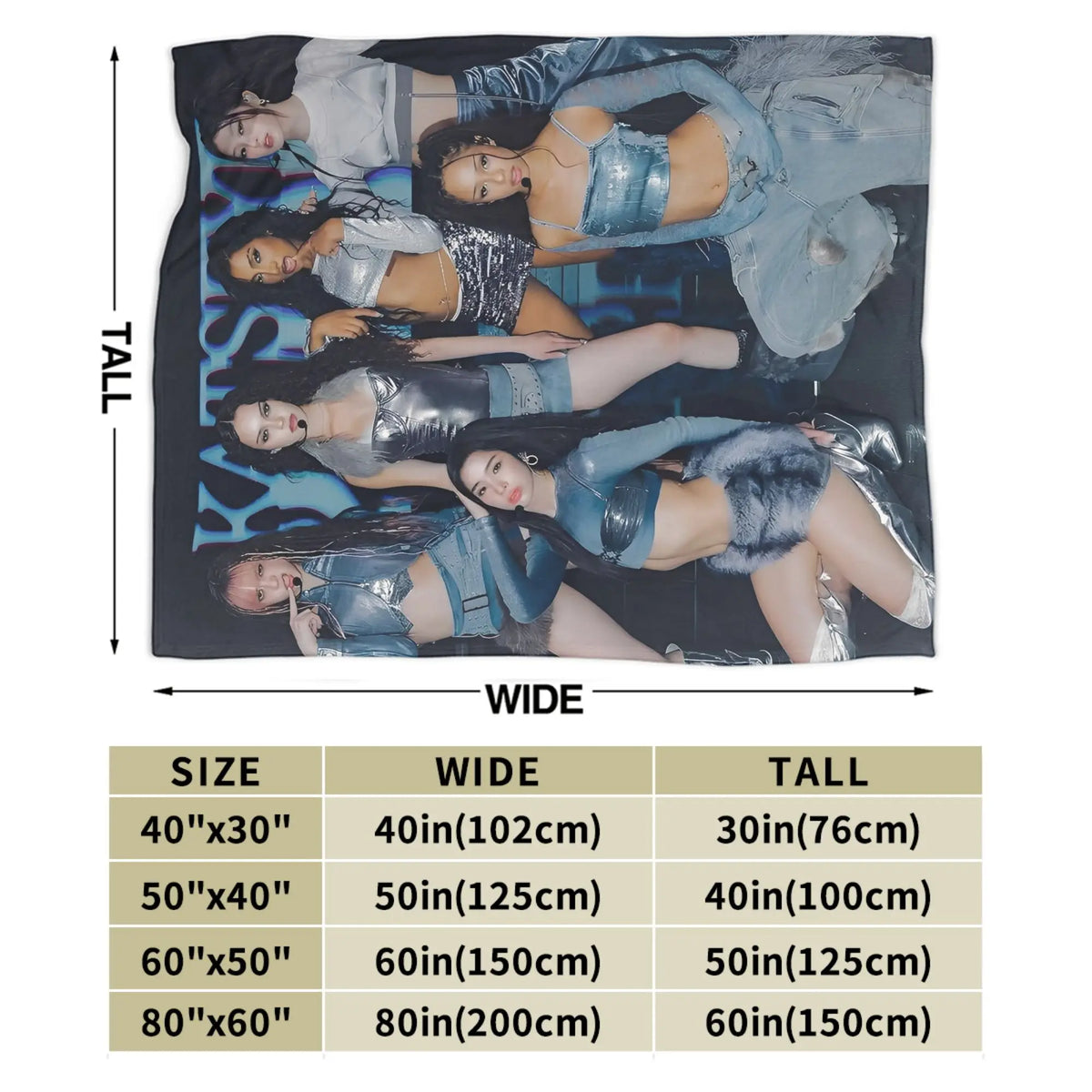 A dark gray fleece throw blanket featuring a collage of female K-Pop idols in various poses.