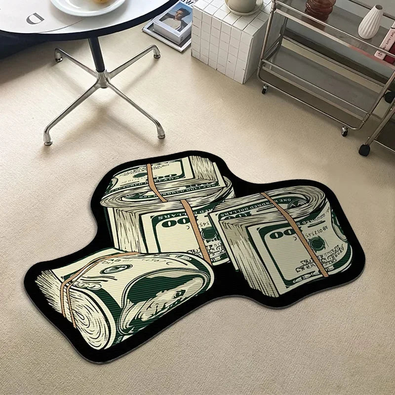 A black decorative floor rug featuring rolled US dollar bills and a portrait of a person.