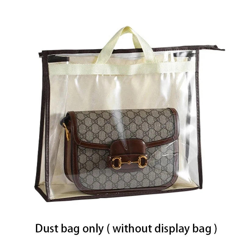 A brown dust bag for a handbag is displayed inside a clear plastic display bag.