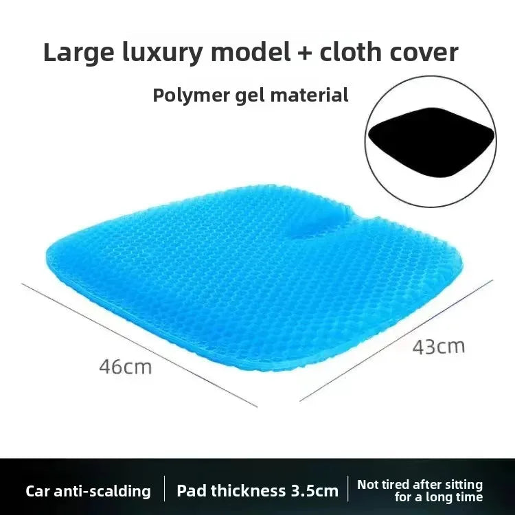 Blue polymer gel material seat cushion with a black cover and dimensions 46cm by 43cm