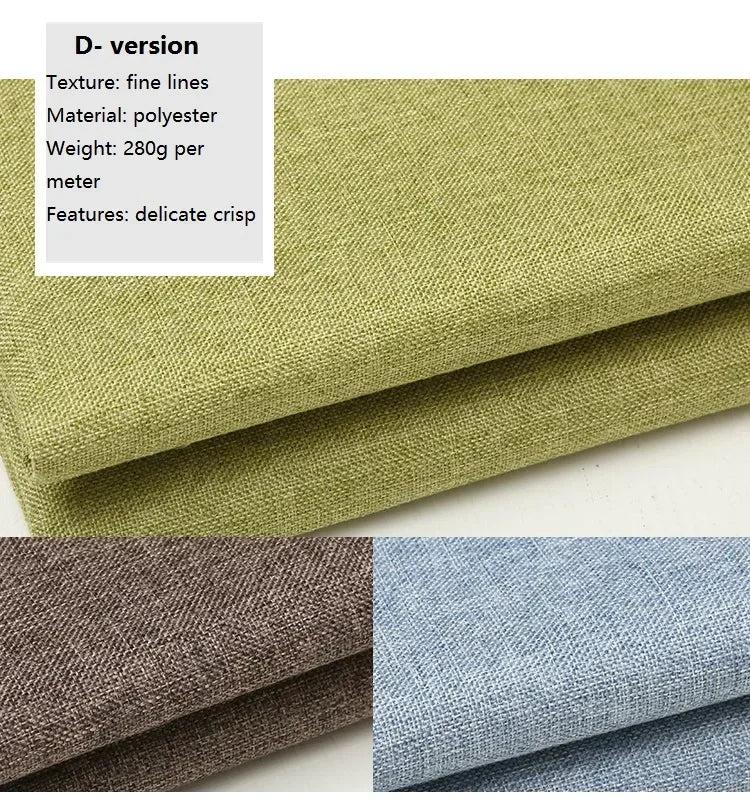 A stack of olive green linen fabric next to a stack of brown and blue linen fabric.