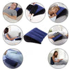 Various views of a dark blue inflatable body support pillow used for travel, bed, and yoga