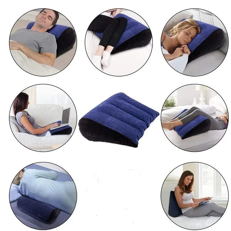 Various views of a dark blue inflatable body support pillow used for travel, bed, and yoga