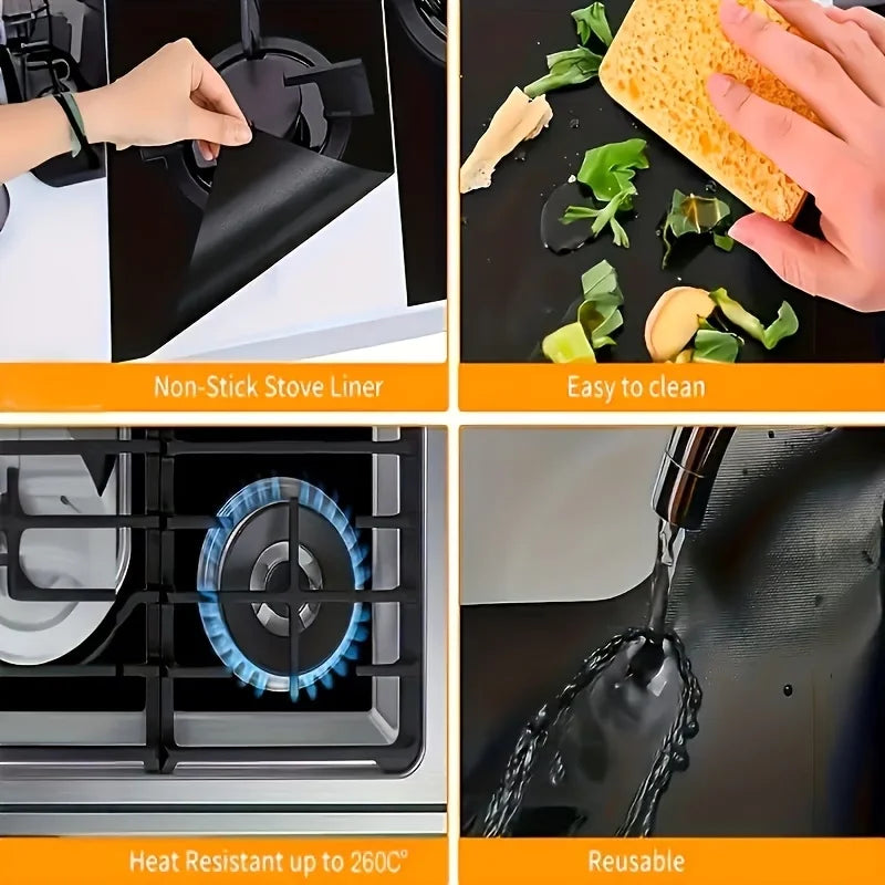 A set of non-stick stove liners and a heat resistant silicone protector for gas stoves.