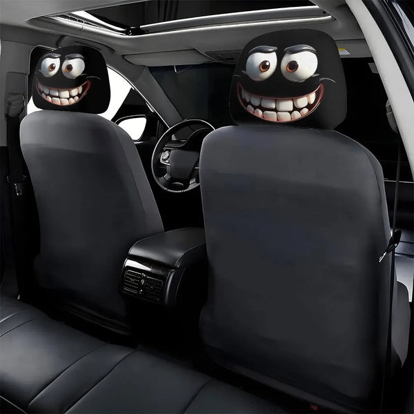 Black car seat covers featuring decorative smiley face designs for automotive upholstery