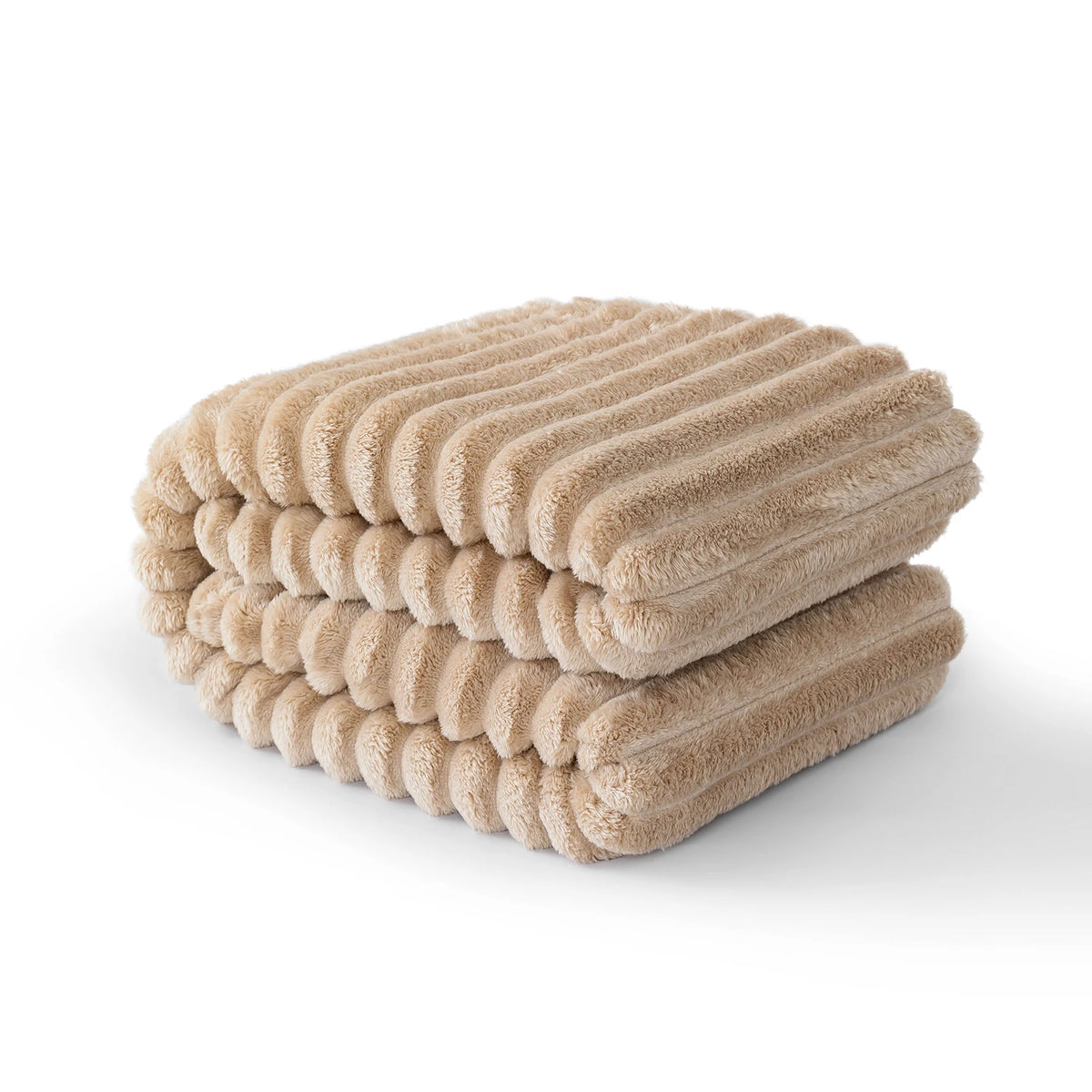 A stack of beige striped flannel throw blankets folded neatly.