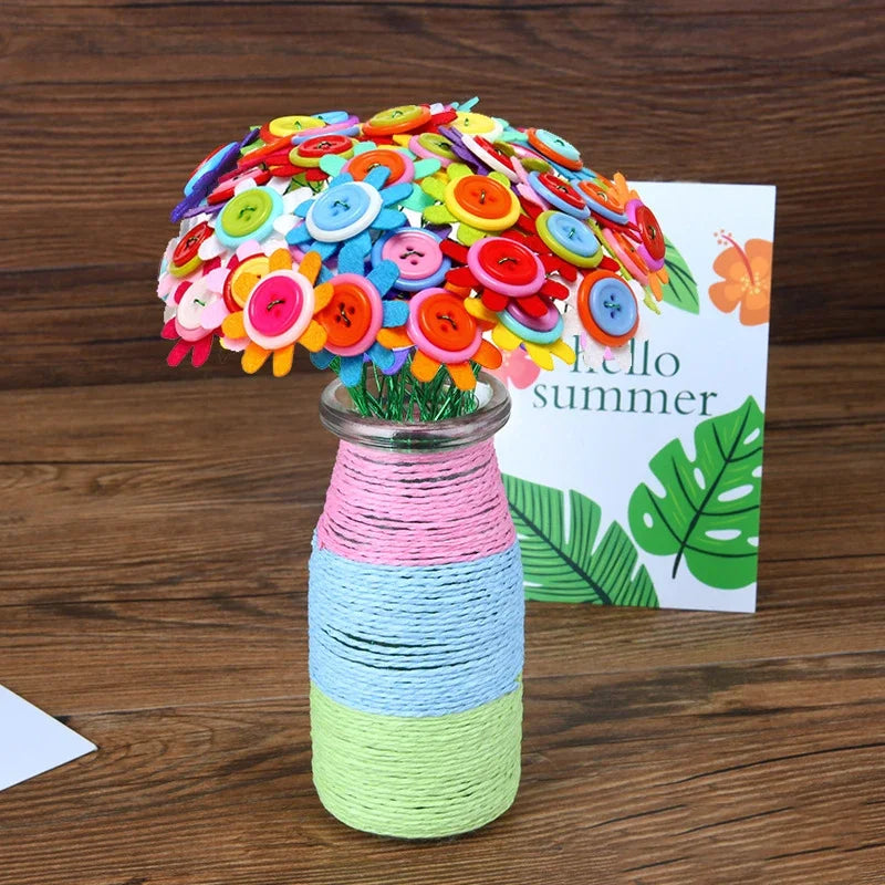 A colorful bouquet of felt flowers in various bright colors displayed in a glass vase.