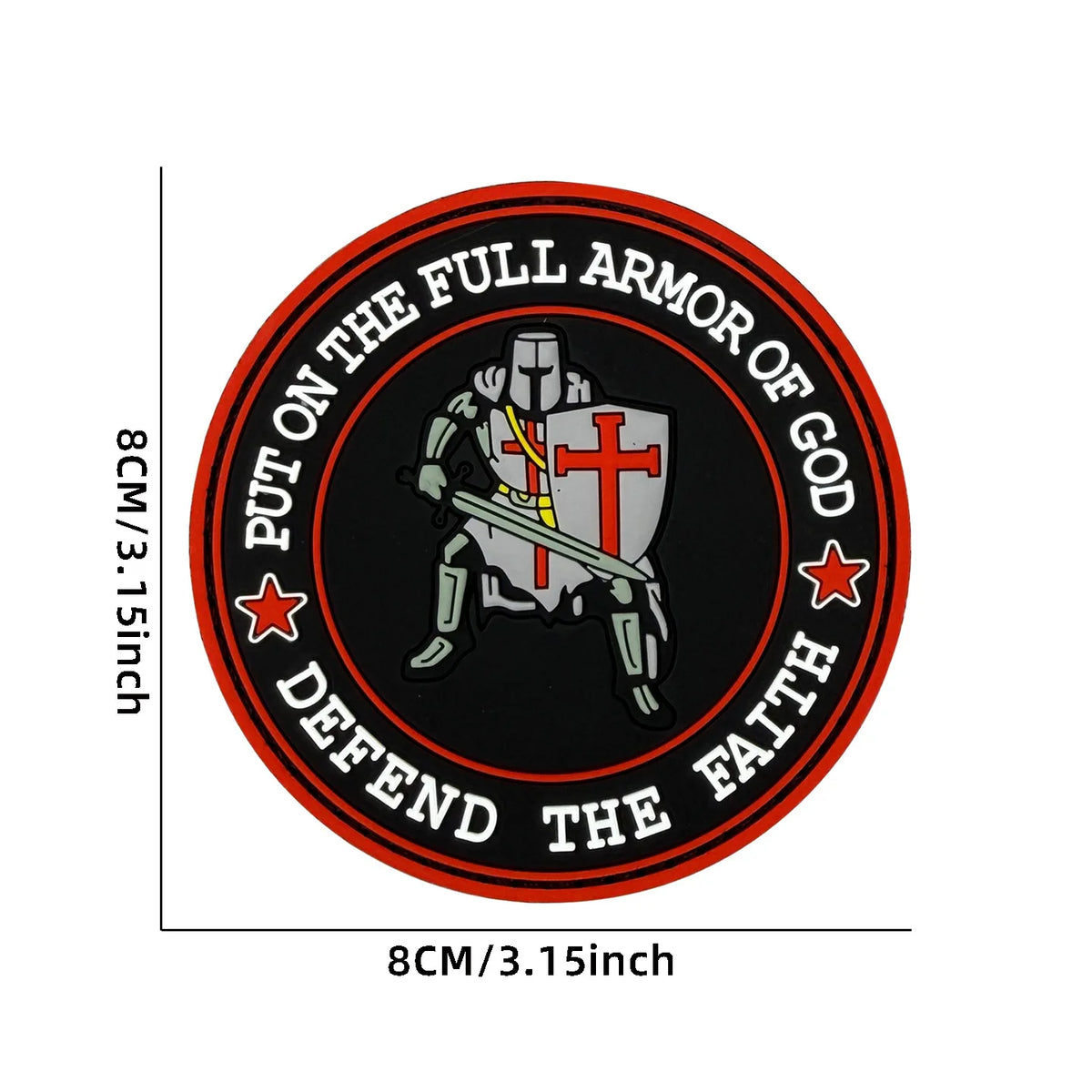 Circular patch design featuring a shield with a cross and text that reads Put on the full armor of God Defend the faith