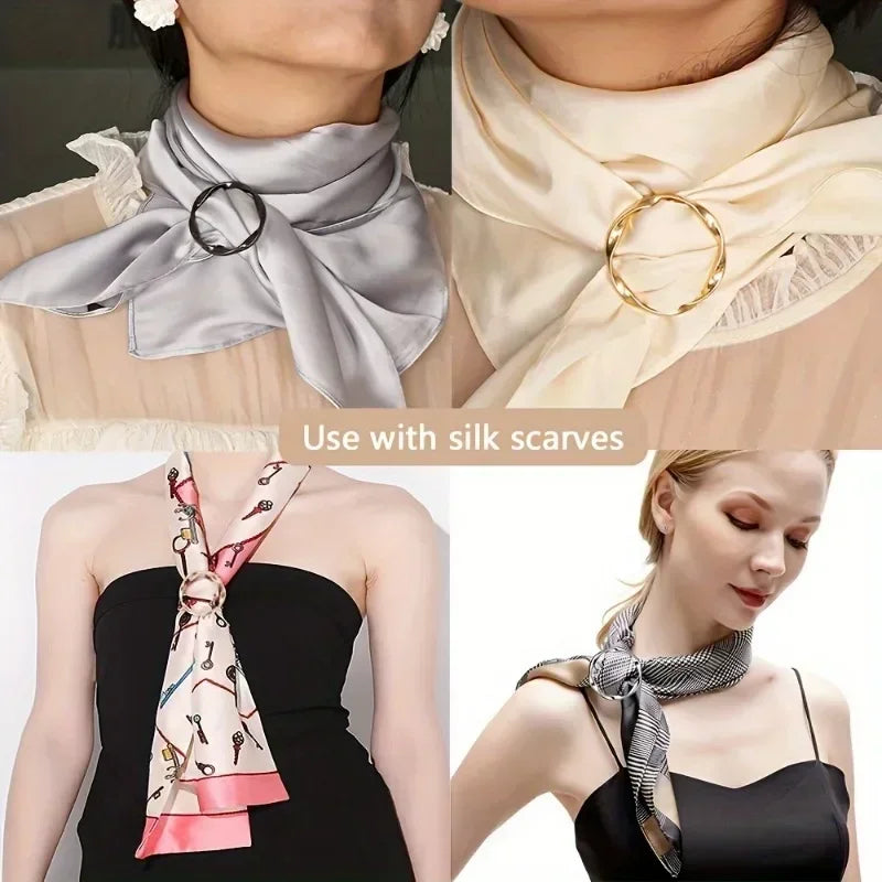 A silk scarf tied as a neck accessory with a metal round clip buckle shown in various colors and styles.