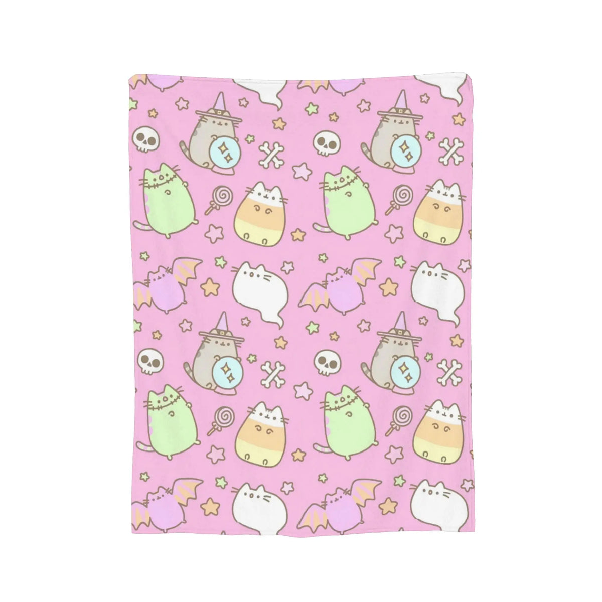 A pink patterned throw blanket featuring cute cats and skulls