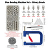 Blue beading machine set with silver beads, including various sized beads and a tool kit.