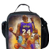 A black multi-compartment backpack featuring a graphic of several basketball players.