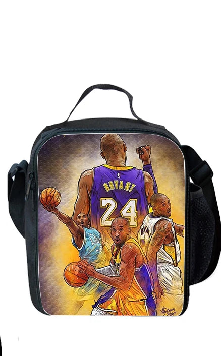 A black multi-compartment backpack featuring a graphic of several basketball players.