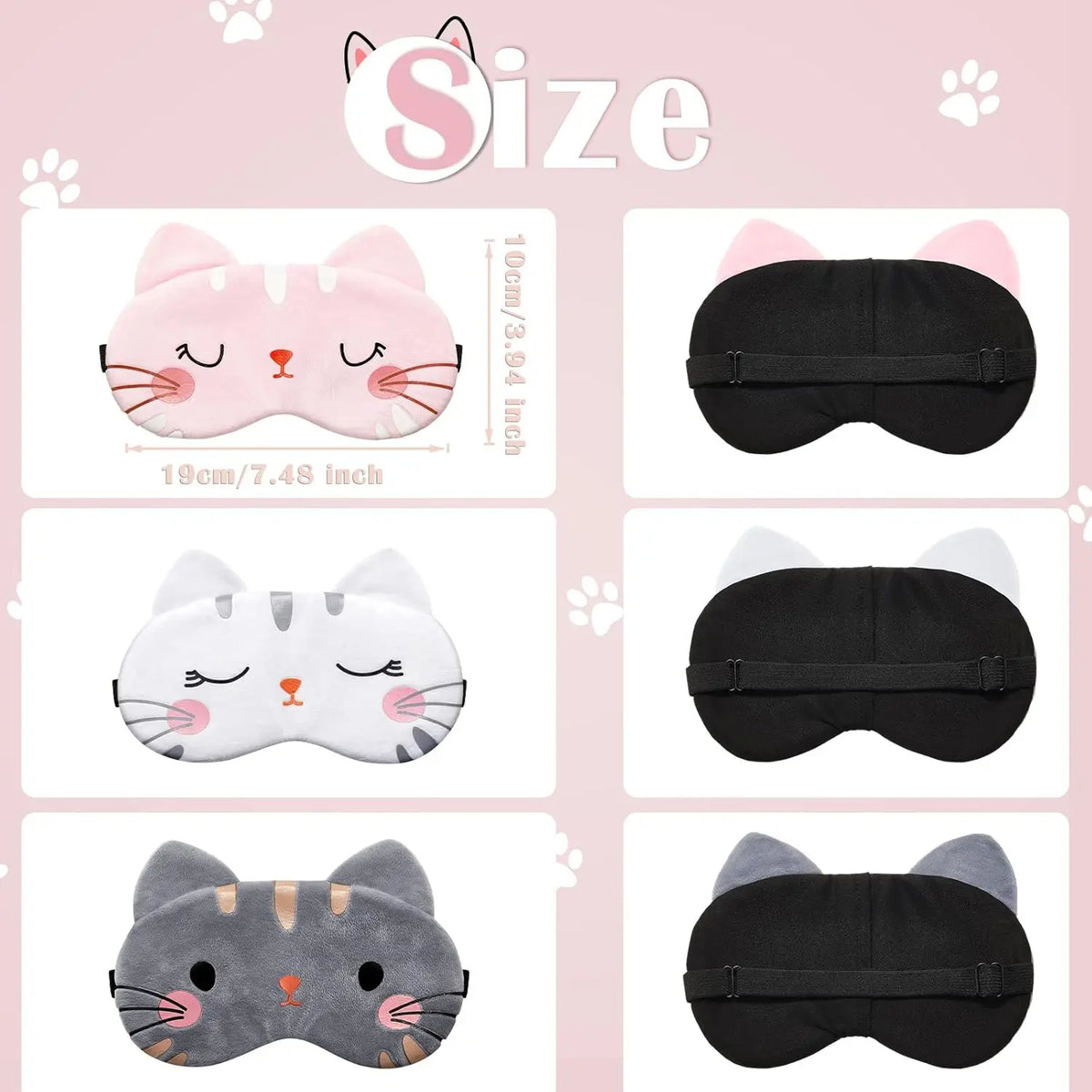 A set of three cute animal cartoon sleep masks featuring cats in pink, white, and gray colors.