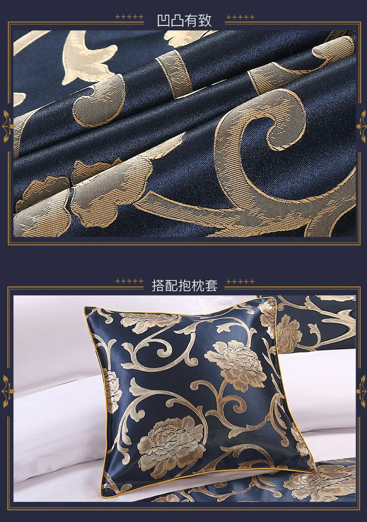 Close-up of dark blue fabric with gold embroidery used as decorative bed flags for pillows.