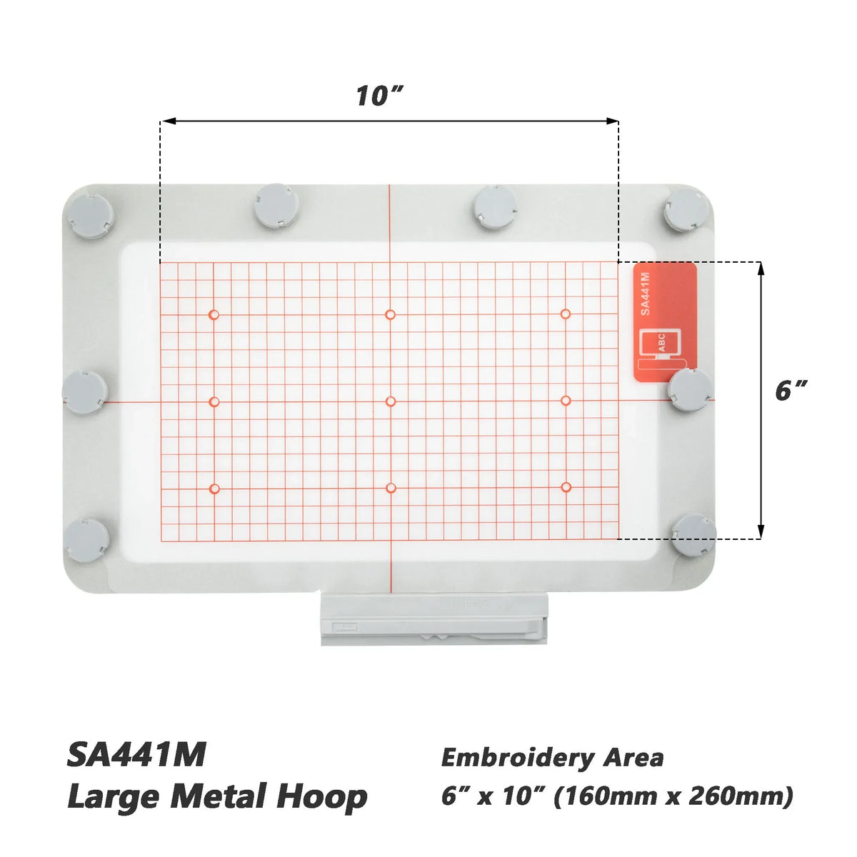 SA441M Large Metal Hoop, a white embroidery hoop with a 6" x 10" area marked by a red grid.