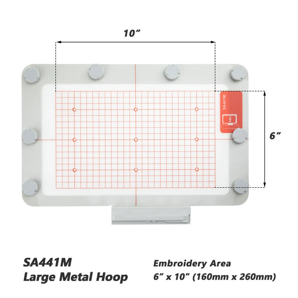 SA441M Large Metal Hoop, a white embroidery hoop with a 6" x 10" area marked by a red grid.