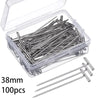 A clear plastic box filled with 100 stainless steel T-pins for knitting blocking and sewing.
