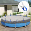 A circular pool cover is secured by six heavy-duty stainless steel clips on a wooden deck.