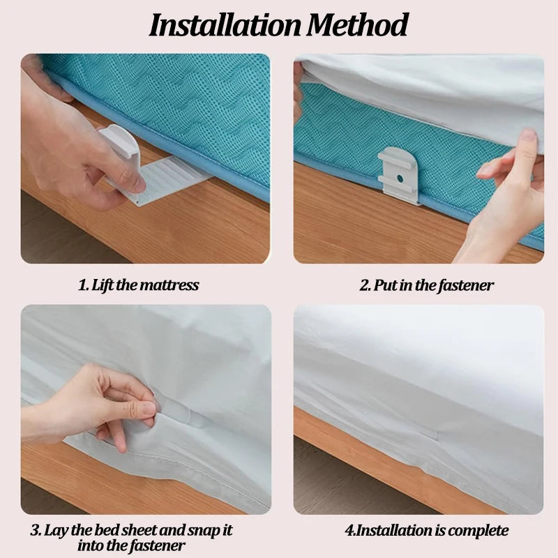 Installation method showing how to lift the mattress, put it in the fastener, lay the bed sheet, and complete installation.