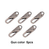 Five pieces of gun color metal zipper repair sliders or toggles.