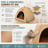 A beige three-layer fabric teepee pet bed for cats and dogs shown with various features.