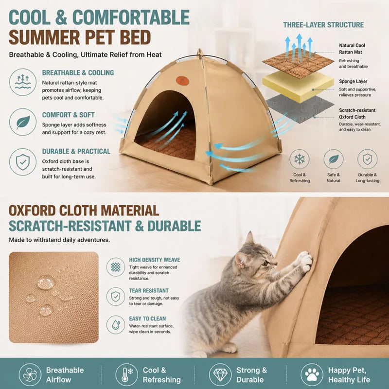 A beige three-layer fabric teepee pet bed for cats and dogs shown with various features.