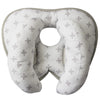 A white baby head and neck support pillow designed for use in strollers and car seats.