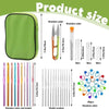 A set of crochet needles and stitch markers in various colors and models displayed next to a green pouch.