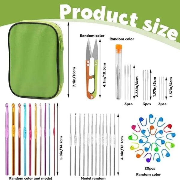 A set of crochet needles and stitch markers in various colors and models displayed next to a green pouch.