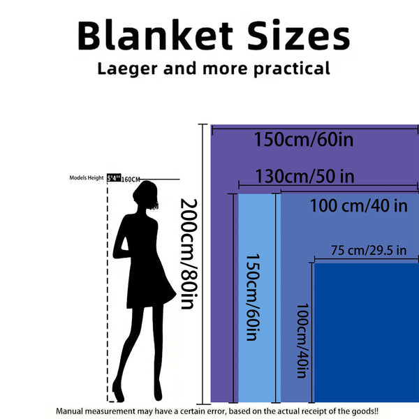 Diagram showing various blanket sizes measured against a model to illustrate dimensions.