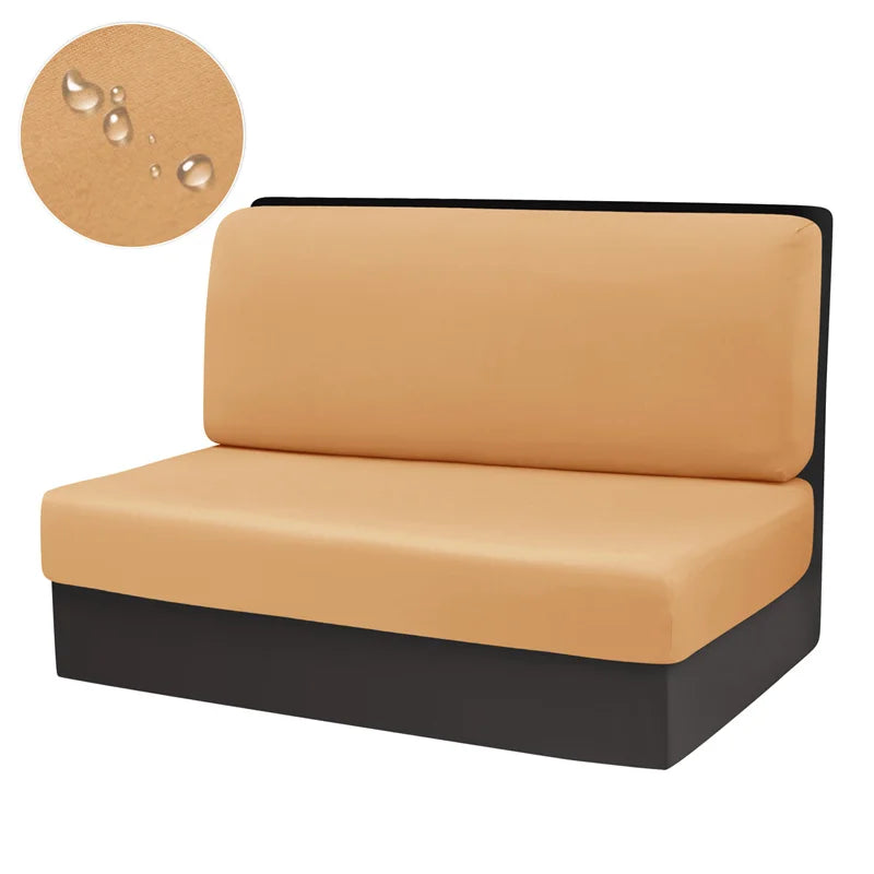 A tan stretch RV dinette seat cover shown with a circular swatch of the same material.