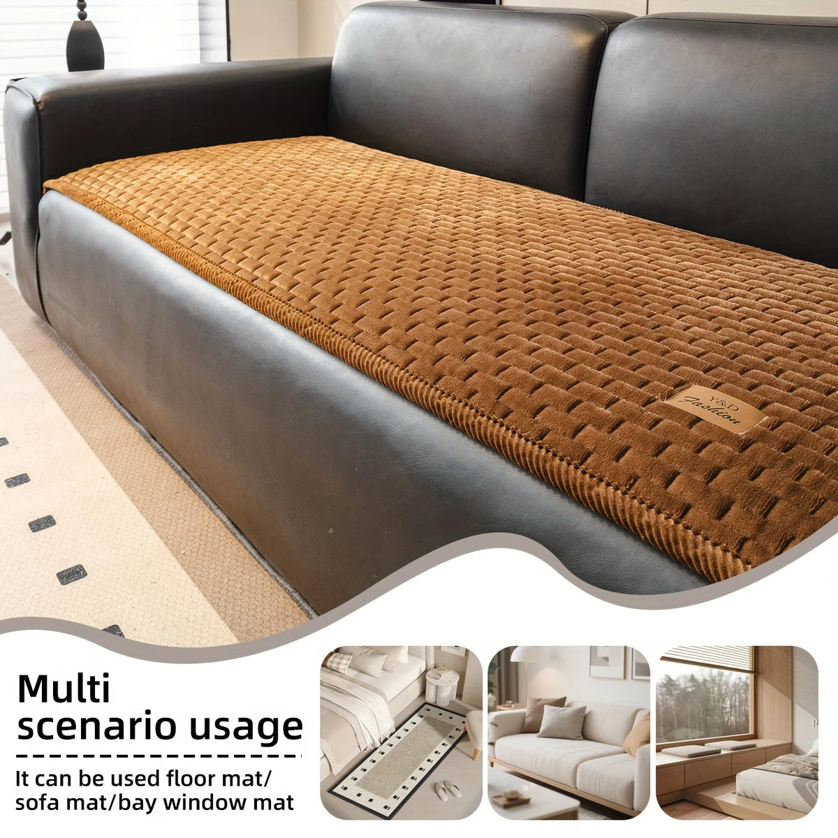 A brown quilted floor mat or sofa mat is shown on a dark gray leather sofa.