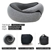 Gray memory foam travel neck pillow shown in various states including rolled, packaged, and stored.